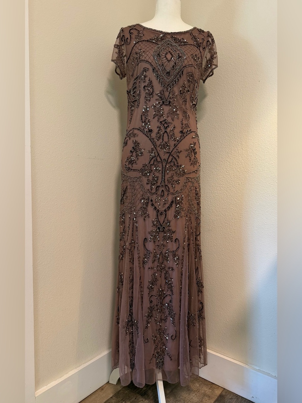 Pisarro Nights Taupe Beaded Sheer Maxi Dress